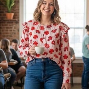 Free Assembly $44 XXL Red Floral‎ 100% Cotton Button Ruffle Shoulder Top